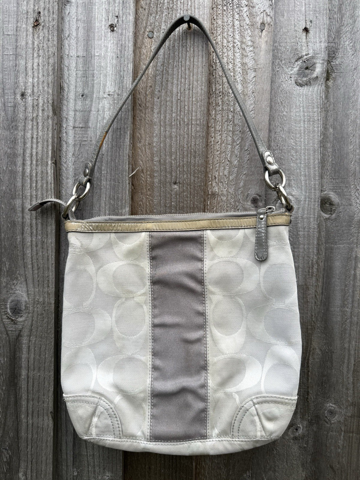 Coach Gallery SignatureStripe Convertible Shoulder Bag in Light Khaki/Gunmetal0