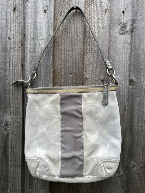 Coach Gallery SignatureStripe Convertible Shoulder Bag in Light Khaki/Gunmetal0