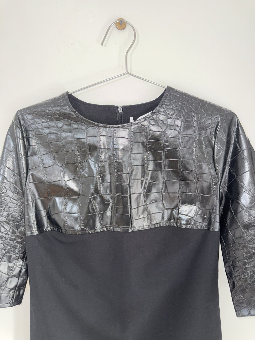 Simona Corsellini Black Croc Faux Leather Shift Dress Round Neck 3/4 Sz 405