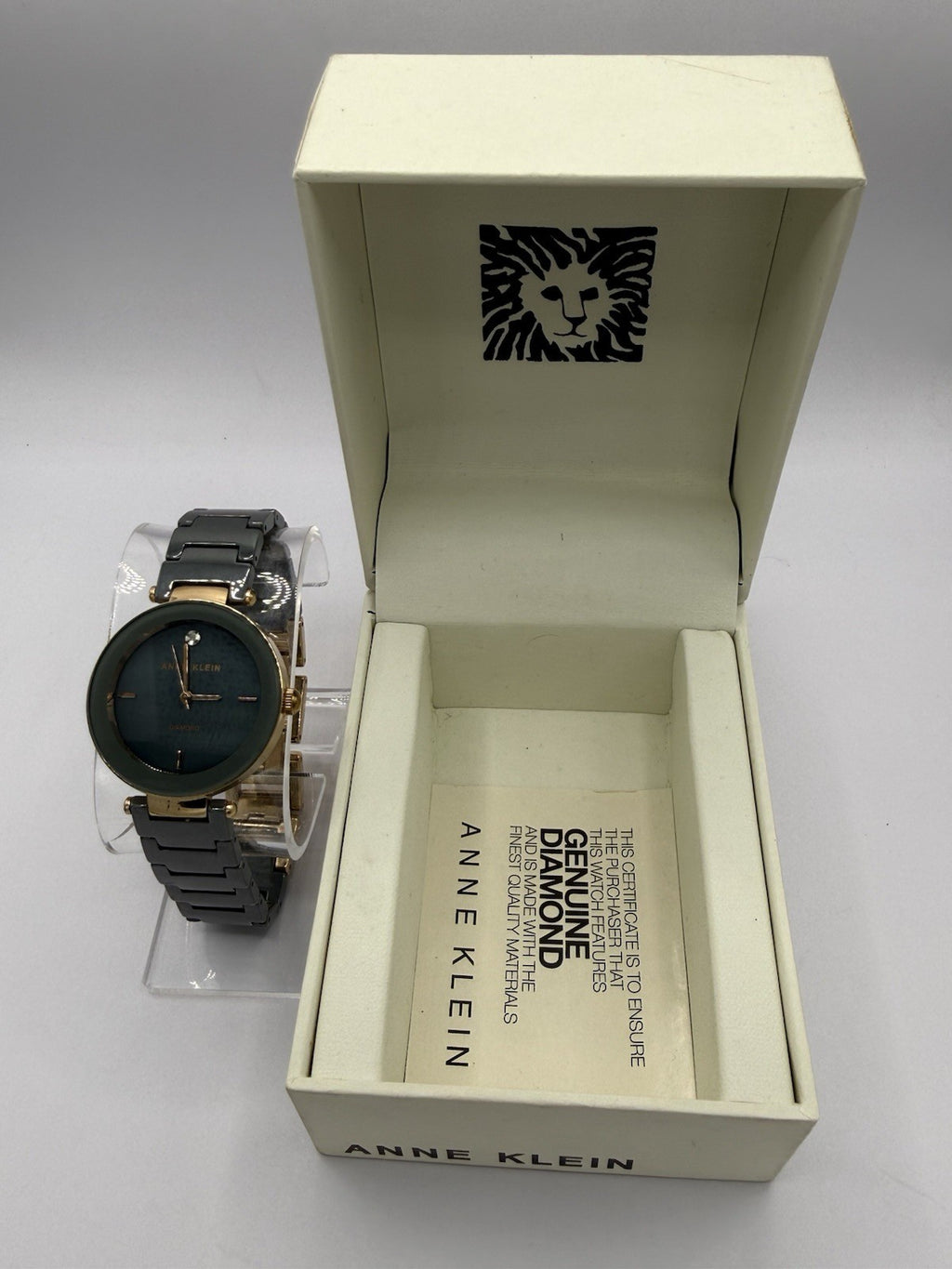 Anne Klein Diamond Women's Quartz Analogue Green Dial Grey Ceramic Bracelet Box5
