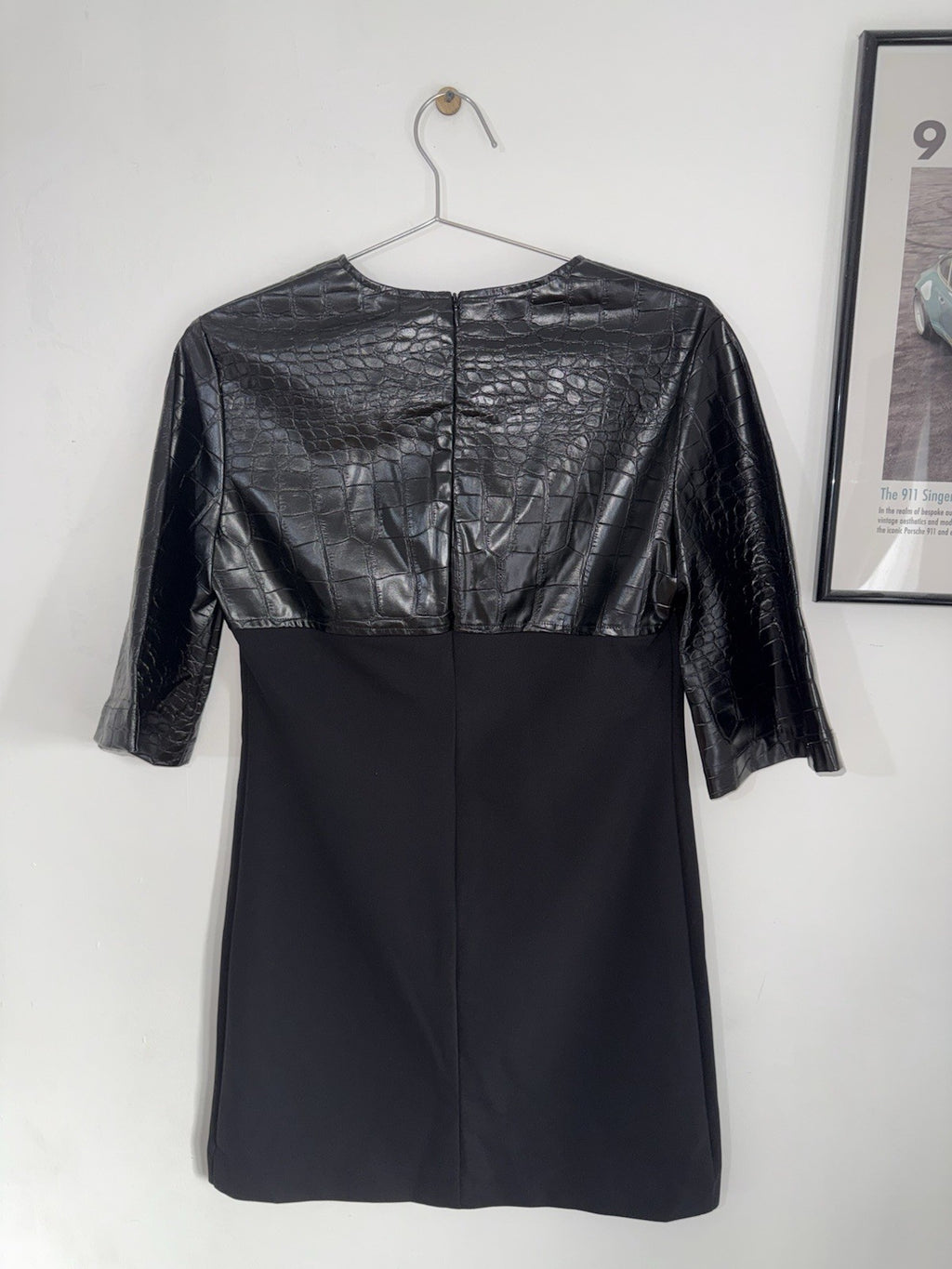 Simona Corsellini Black Croc Faux Leather Shift Dress Round Neck 3/4 Sz 401