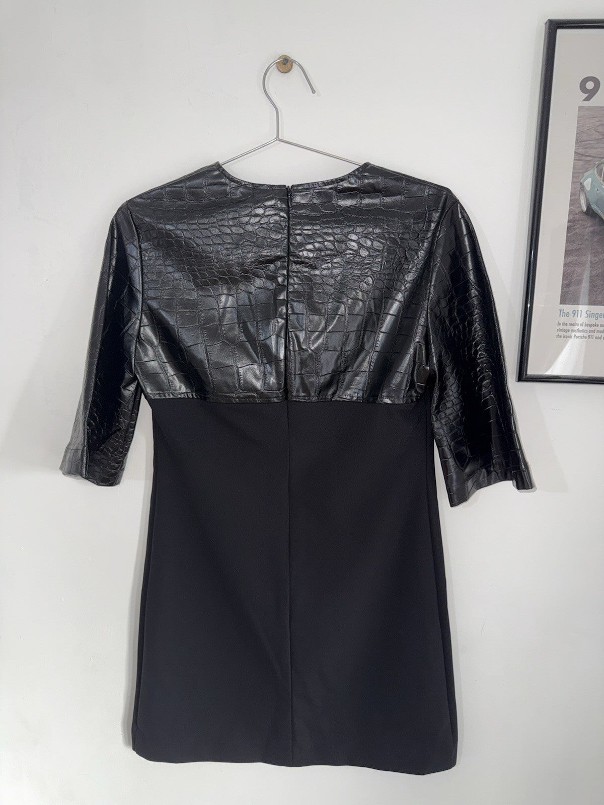 Simona Corsellini Black Croc Faux Leather Shift Dress Round Neck 3/4 Sz 401