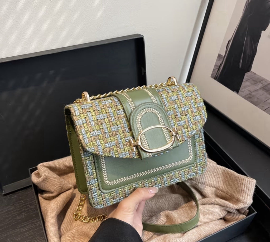 Mini checkered pattern tweed crossbody bag with buckle decoration design.0
