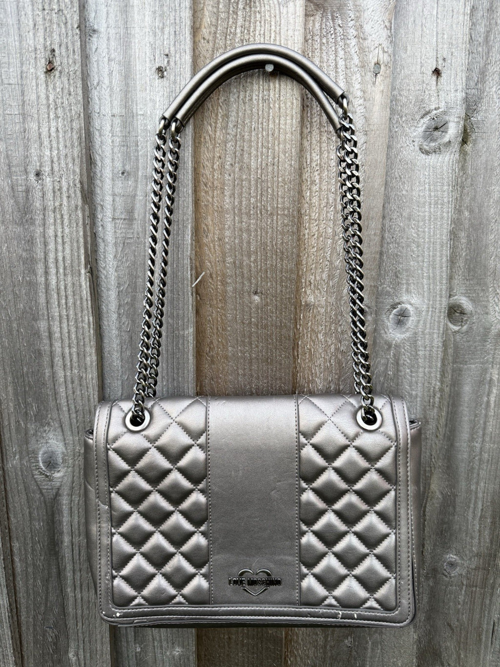 Love Moschino Quilted Faux-Leather Shoulder Bag in Metallic Pewter with Purse0