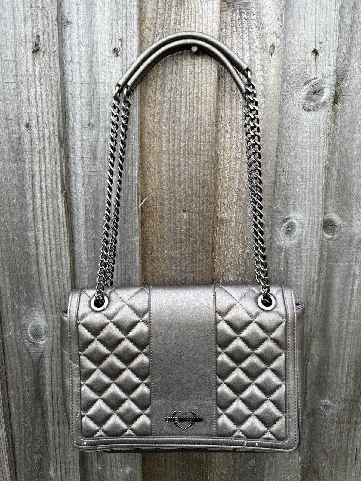 Love Moschino Quilted Faux-Leather Shoulder Bag in Metallic Pewter with Purse0