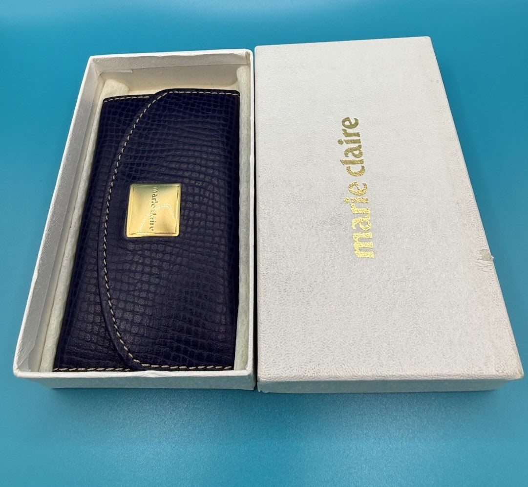 Marie Claire Blue Leather Key Holder Keyring Snap Closure Gold Tone Logo1
