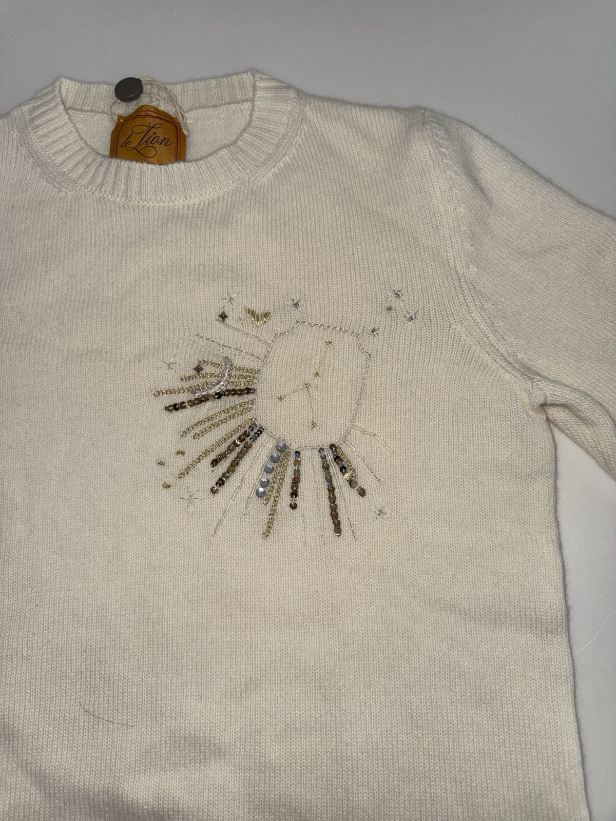 Le Lion Cancer Petite Crew Neck Jumper Size XS Beaded Sequin Lion Knit1