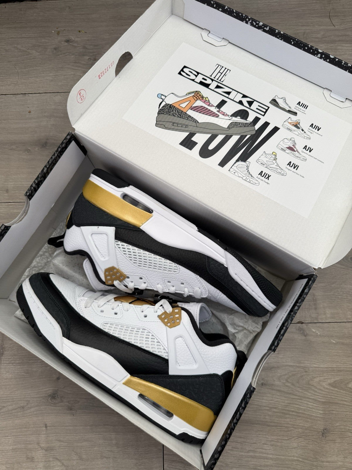 Jordan Spizike Low White Black Metallic Gold Size UK 9.51