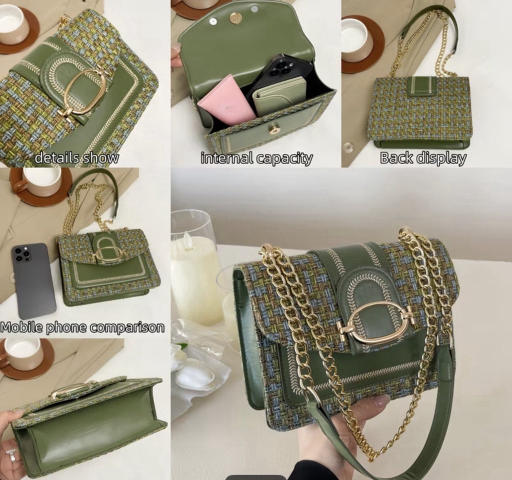 Mini checkered pattern tweed crossbody bag with buckle decoration design.3