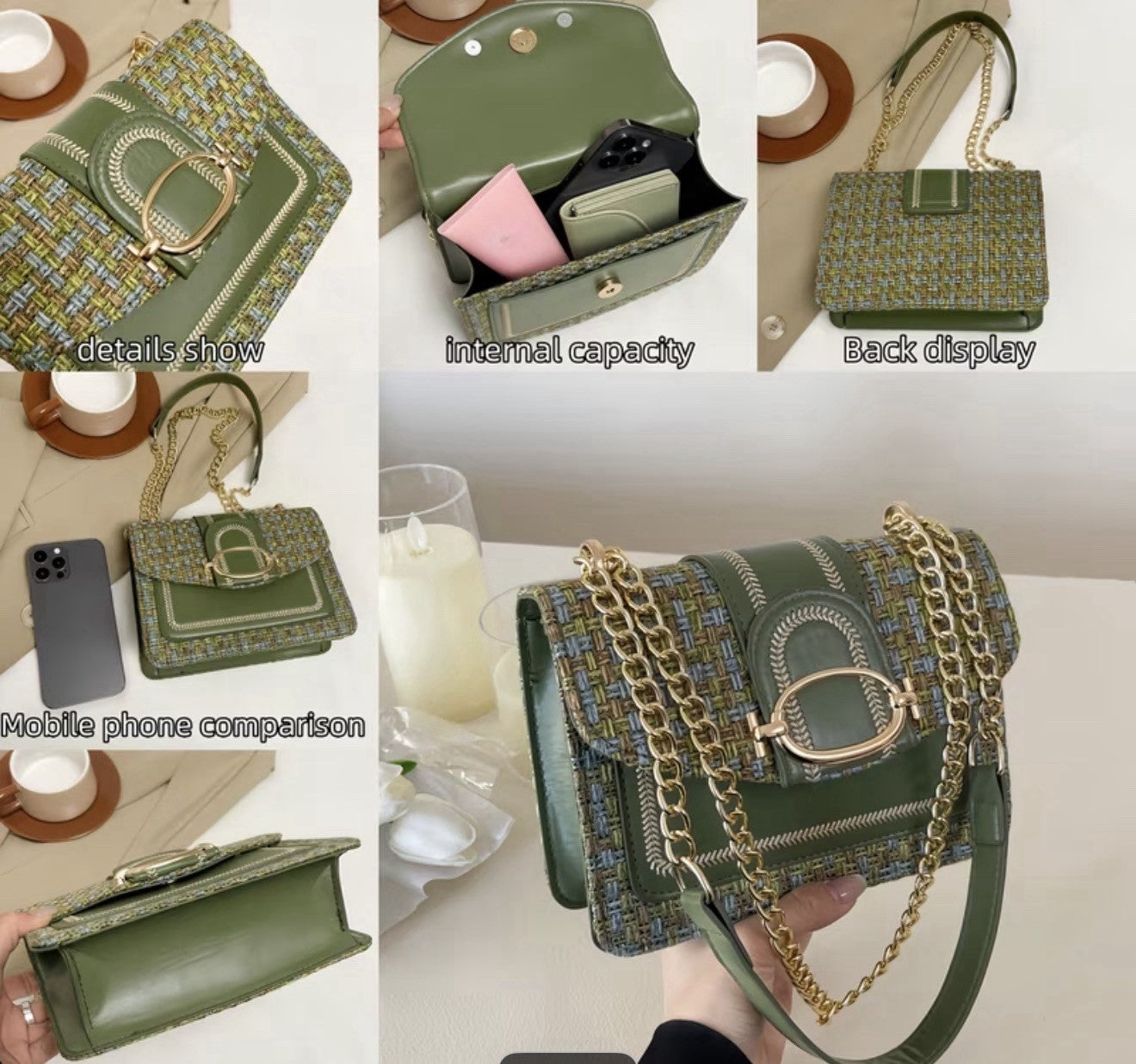 Mini checkered pattern tweed crossbody bag with buckle decoration design.3