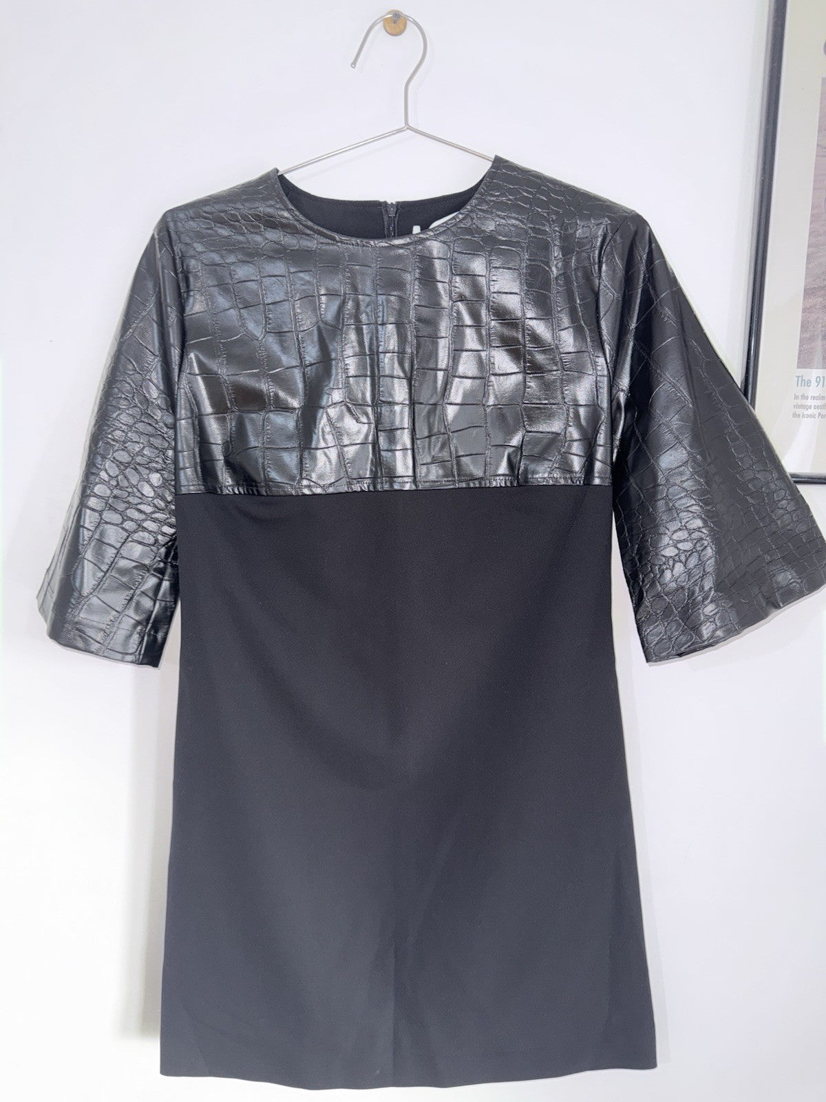 Simona Corsellini Black Croc Faux Leather Shift Dress Round Neck 3/4 Sz 400