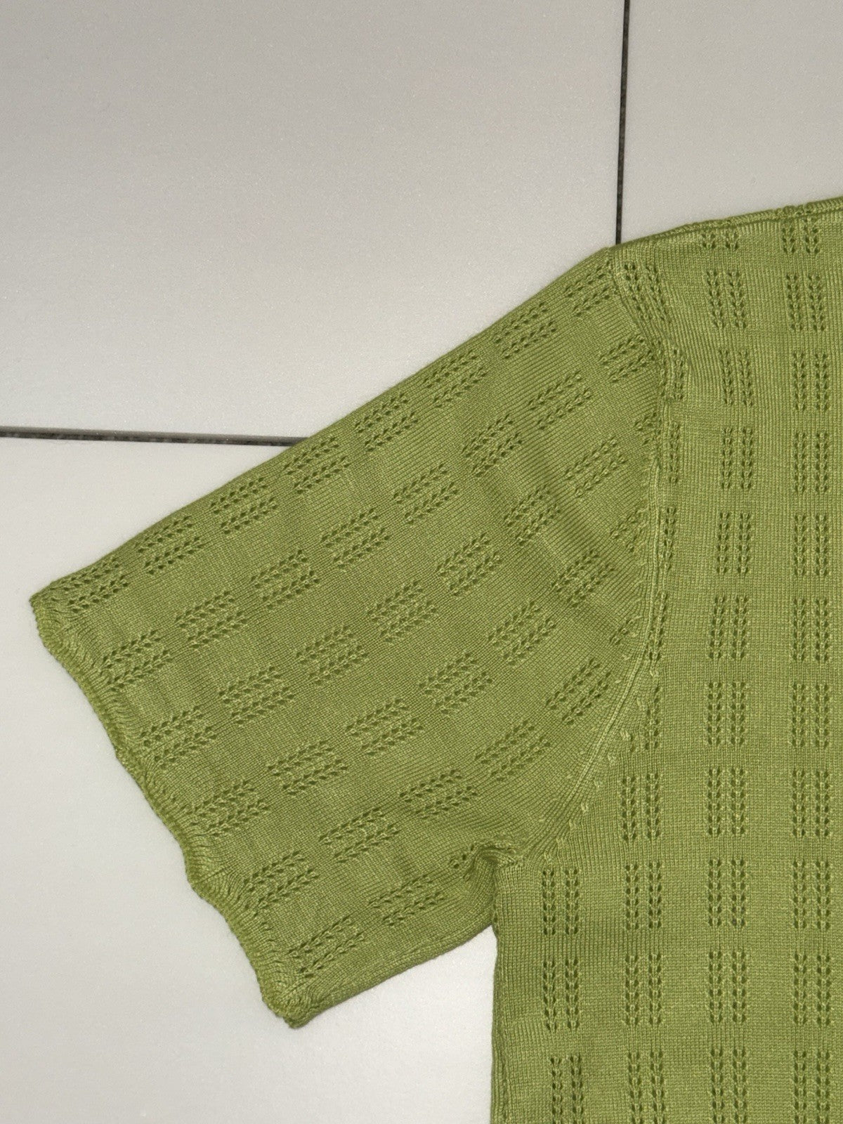 Devils Advocate Mens Knitted Scallop Edge Open Weave Short Sleeve Shirt In Green4