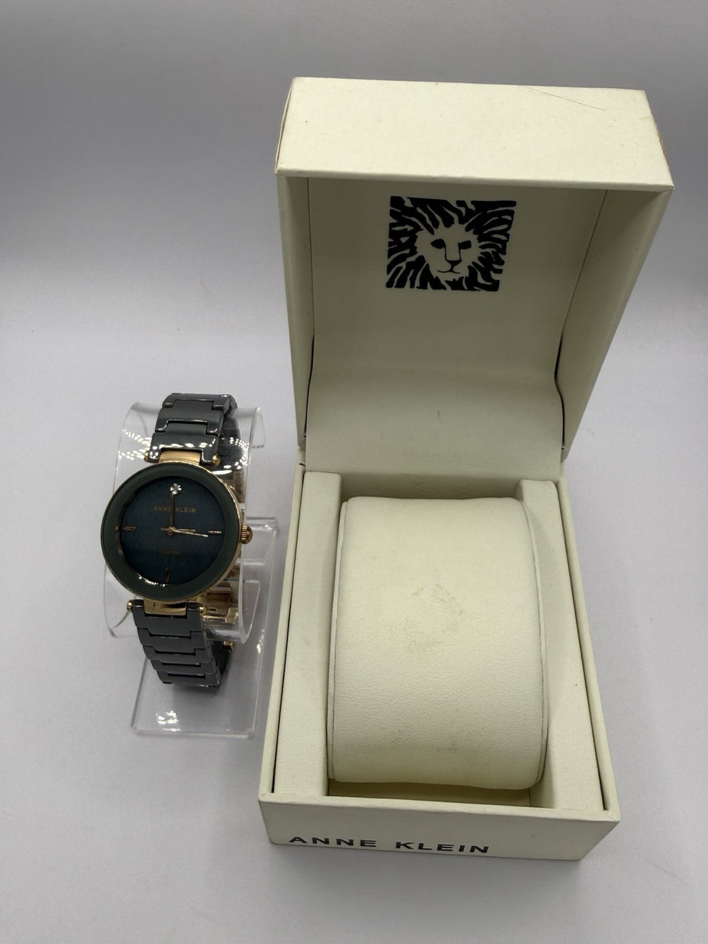 Anne Klein Diamond Women's Quartz Analogue Green Dial Grey Ceramic Bracelet Box6