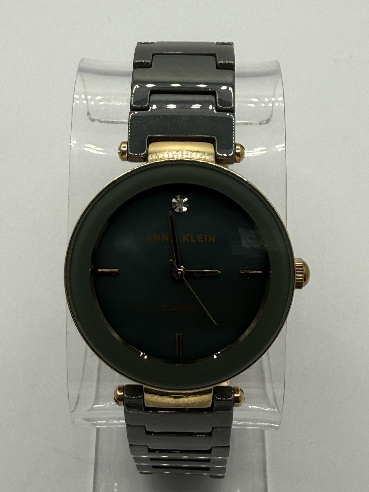 Anne Klein Diamond Women's Quartz Analogue Green Dial Grey Ceramic Bracelet Box0