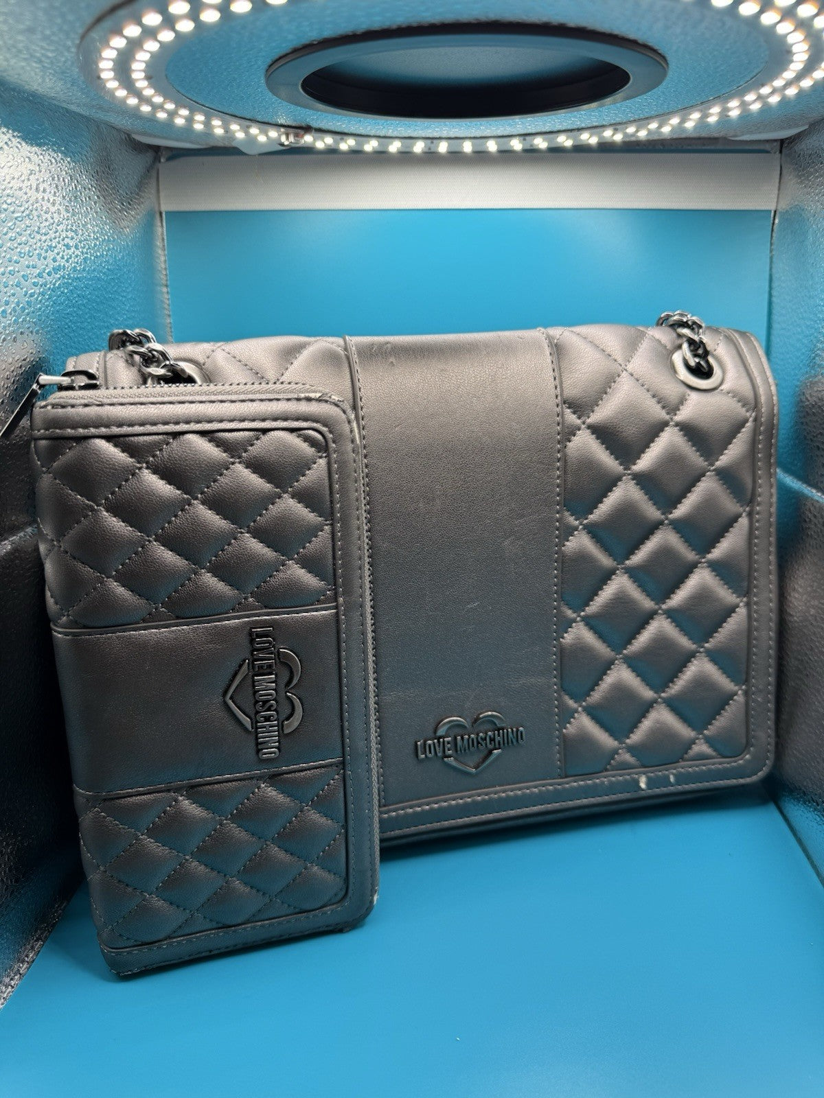 Love Moschino Quilted Faux-Leather Shoulder Bag in Metallic Pewter with Purse22