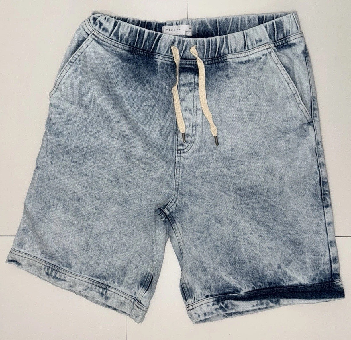 Topman Men's Blue Acid Wash Denim Shorts W36 Drawstring Elastic Waist Pockets0