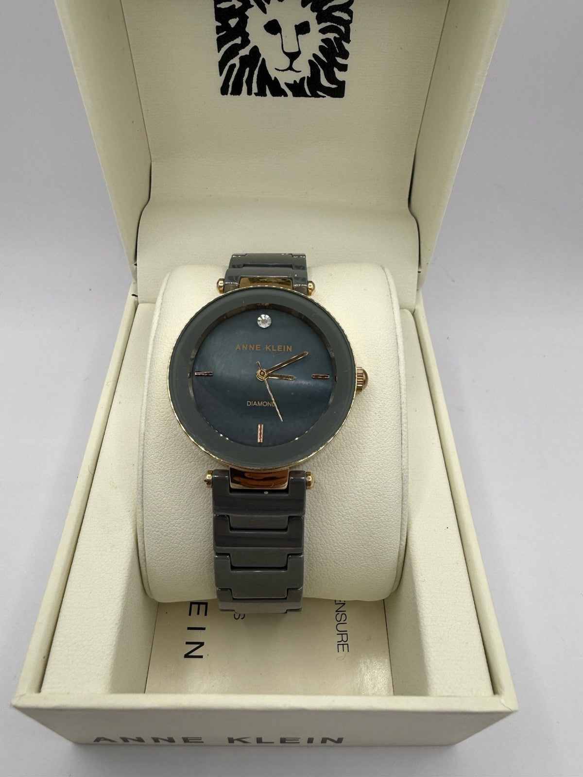 Anne Klein Diamond Women's Quartz Analogue Green Dial Grey Ceramic Bracelet Box8