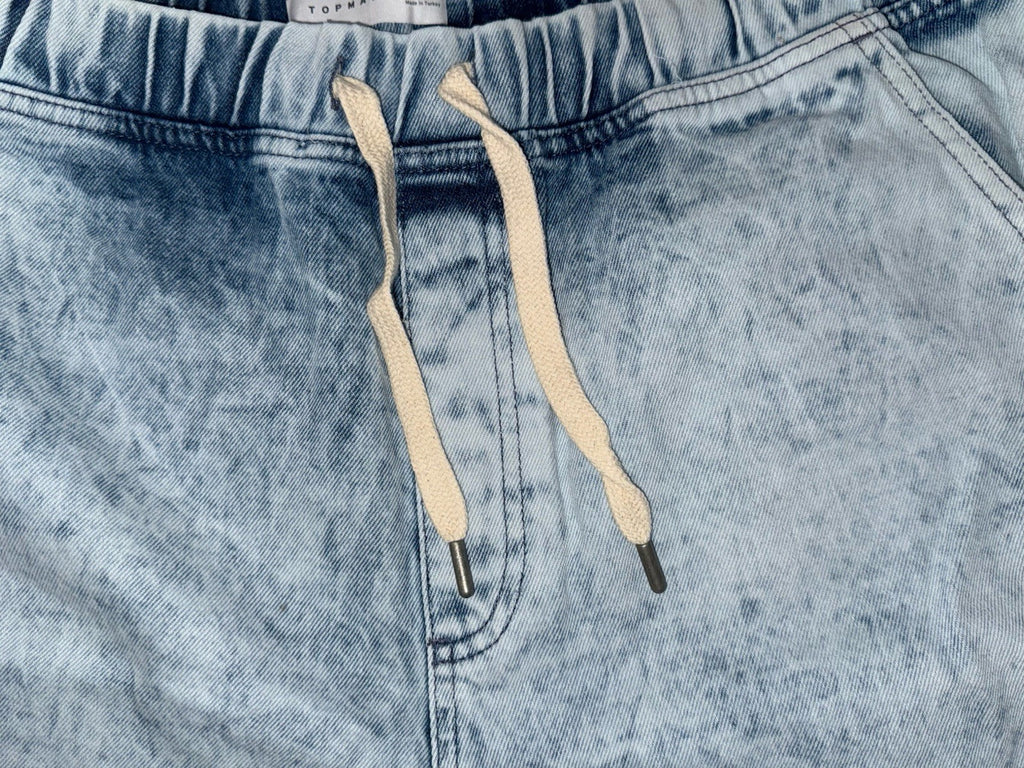 Topman Men's Blue Acid Wash Denim Shorts W36 Drawstring Elastic Waist Pockets3