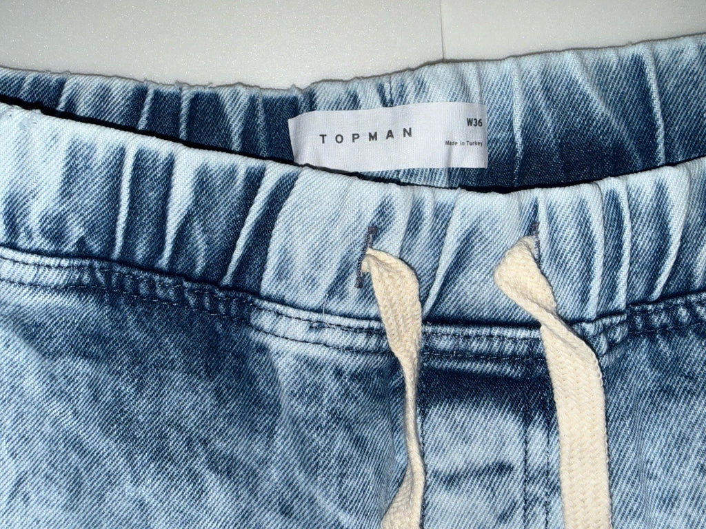 Topman Men's Blue Acid Wash Denim Shorts W36 Drawstring Elastic Waist Pockets1