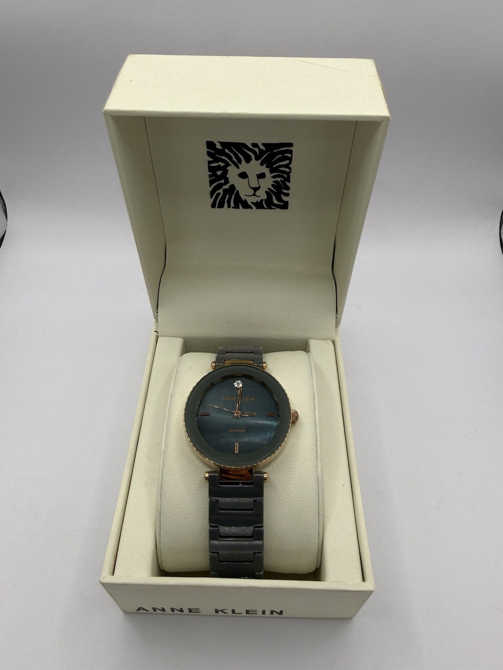 Anne Klein Diamond Women's Quartz Analogue Green Dial Grey Ceramic Bracelet Box7