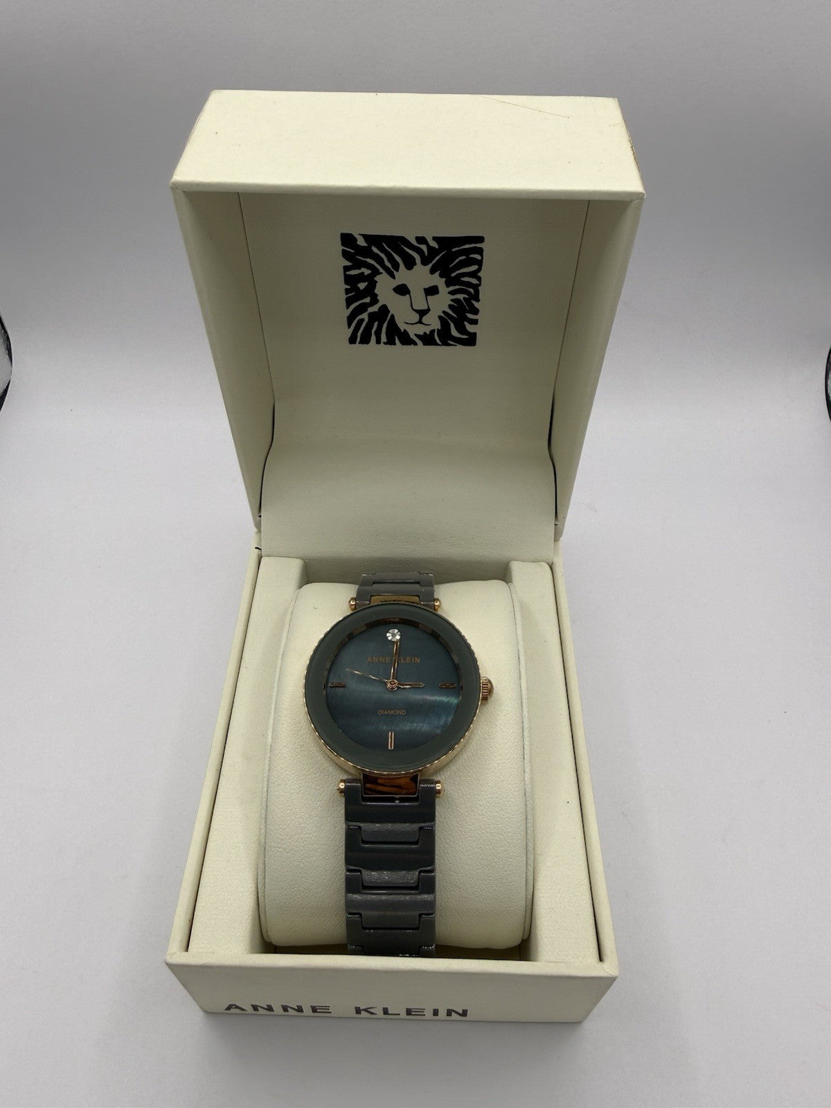 Anne Klein Diamond Women's Quartz Analogue Green Dial Grey Ceramic Bracelet Box7