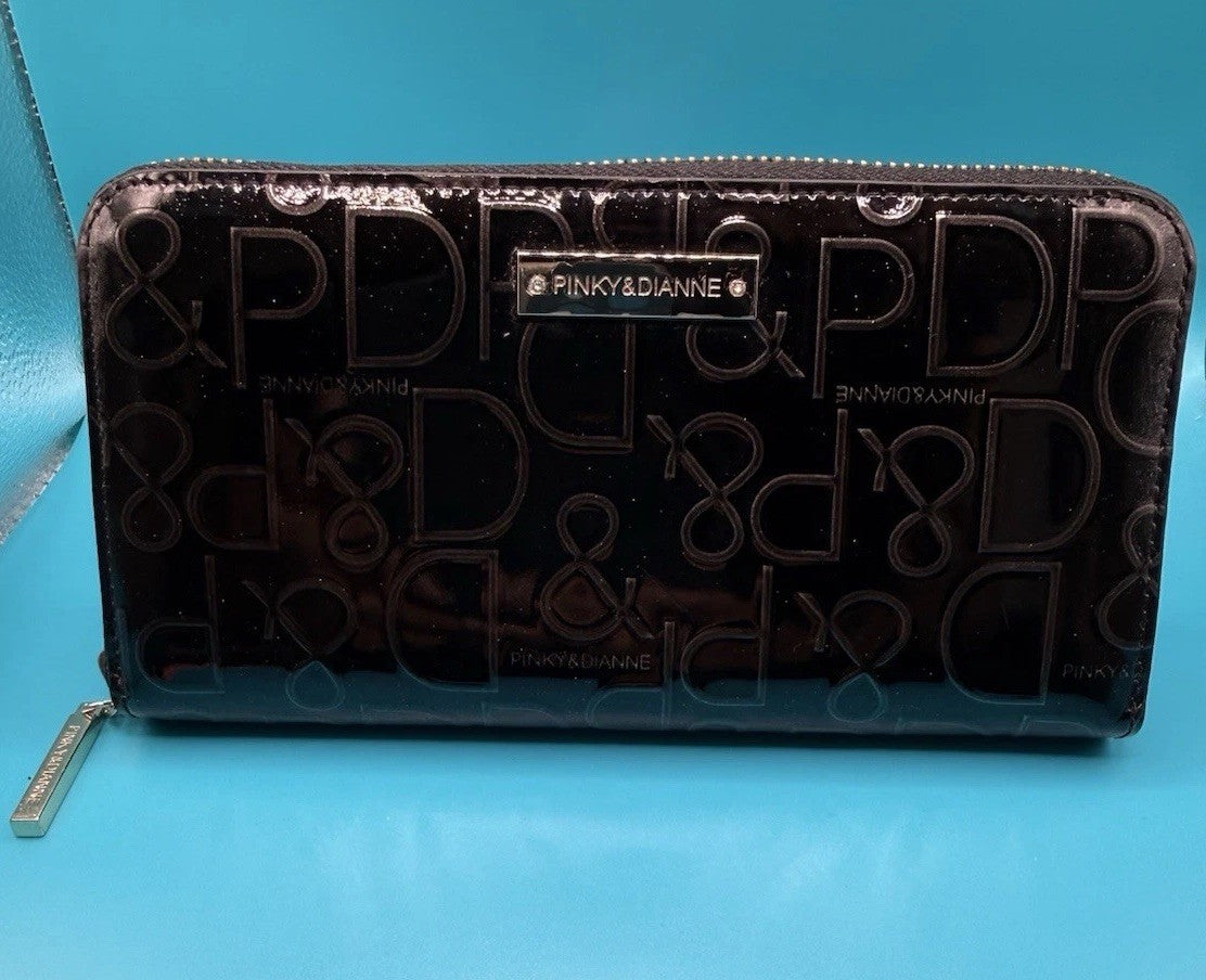 Pinky & Dianne Logo Embossed Patent Zip-Around Wallet Black0
