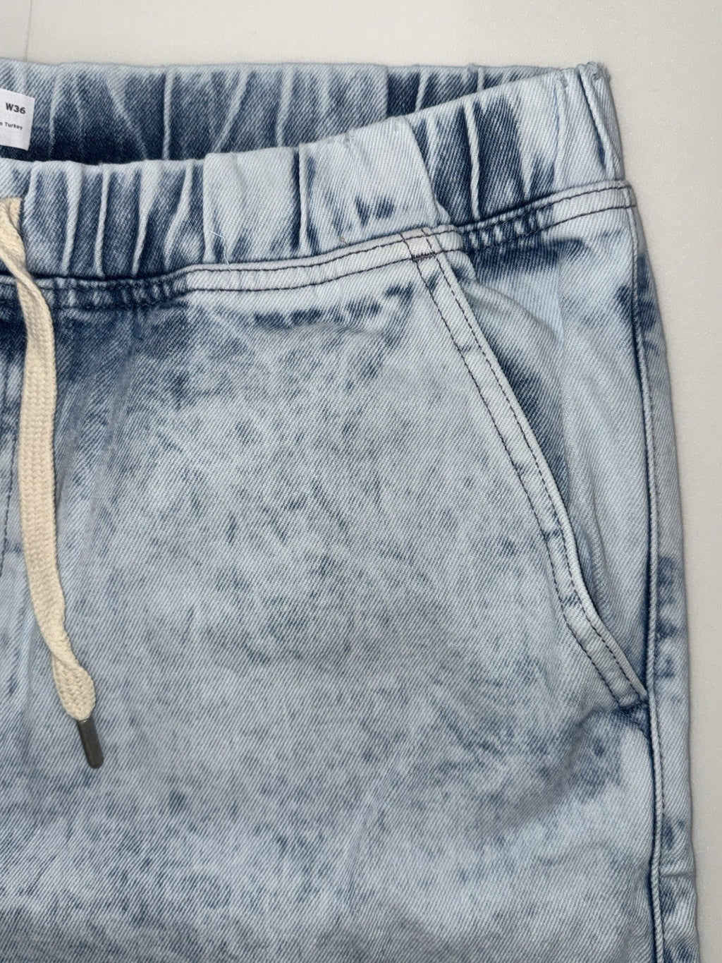 Topman Men's Blue Acid Wash Denim Shorts W36 Drawstring Elastic Waist Pockets2