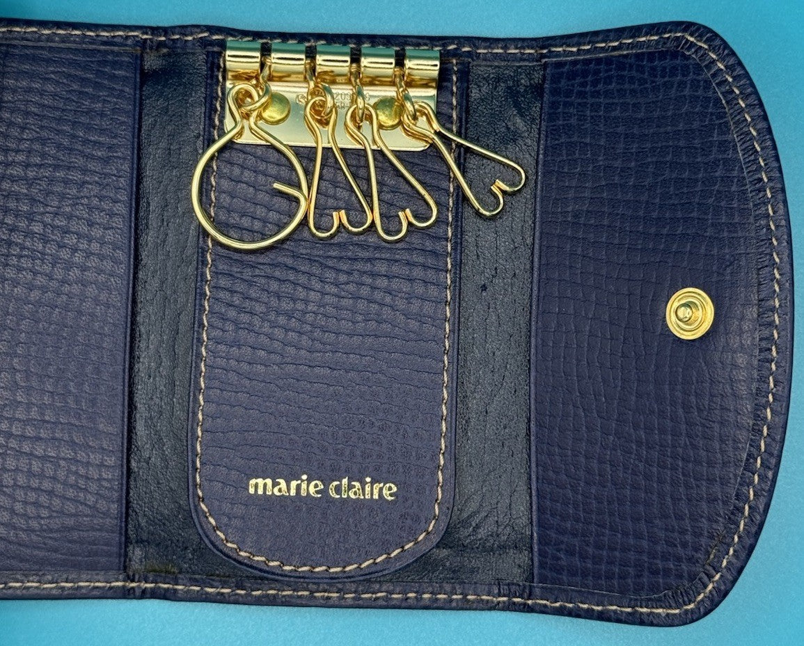 Marie Claire Blue Leather Key Holder Keyring Snap Closure Gold Tone Logo3