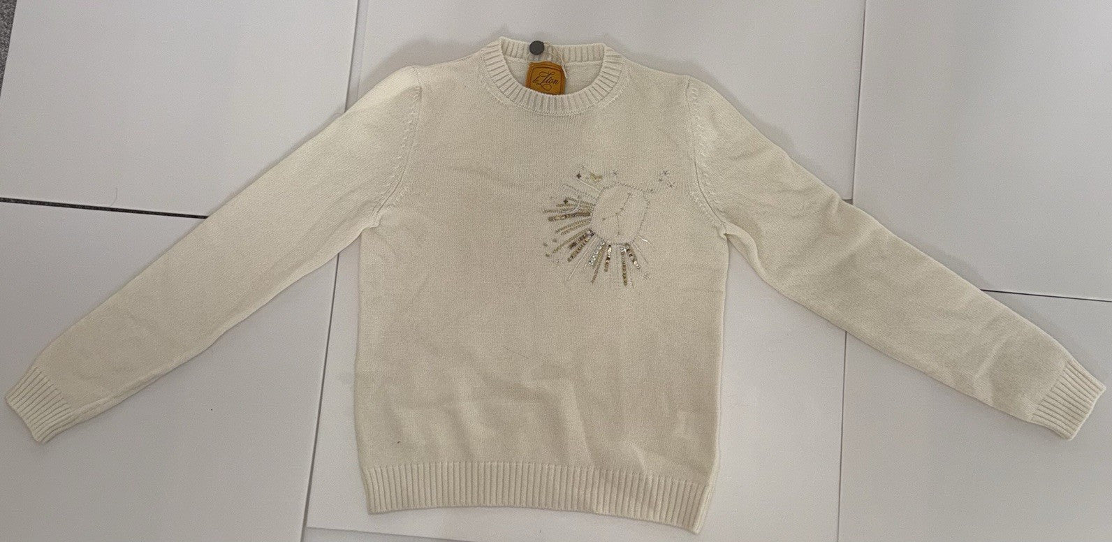 Le Lion Cancer Petite Crew Neck Jumper Size XS Beaded Sequin Lion Knit0